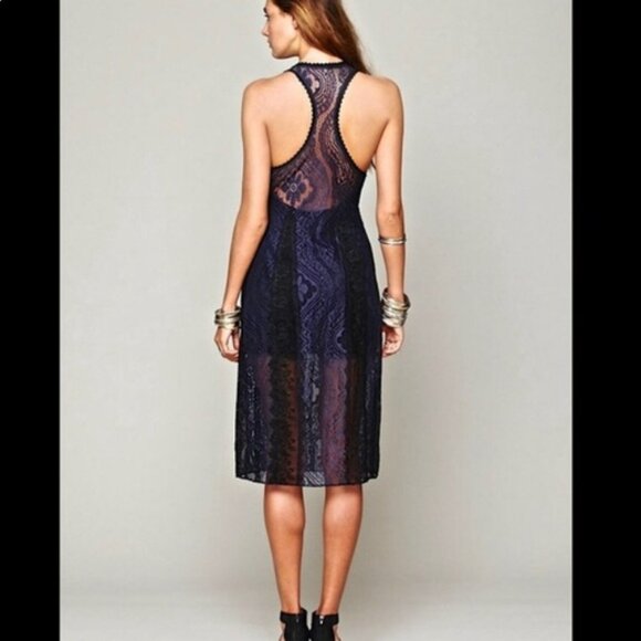 Free People Miracle Lace Racerback Dress S Midi Navy Boho Romantic Below Knee - Picture 13 of 14